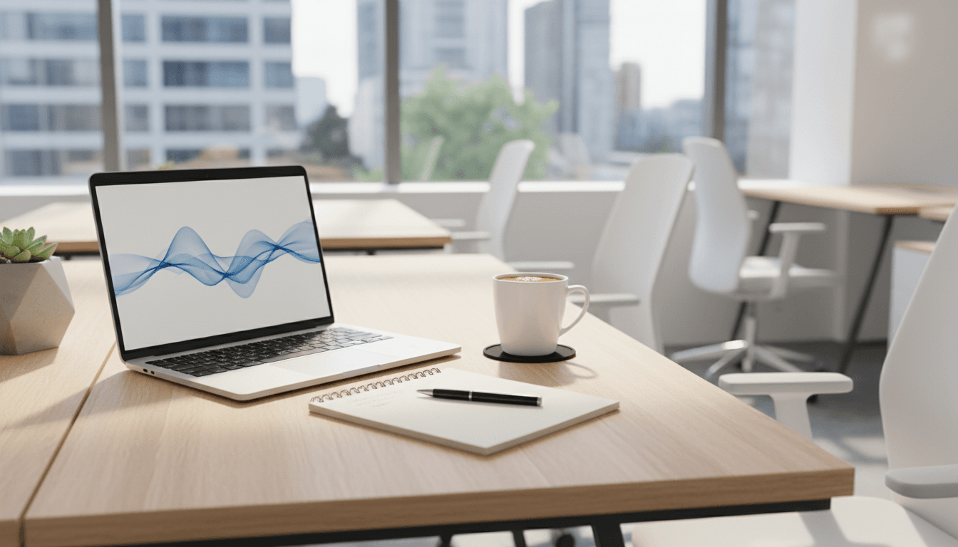 Desk with notepad, laptop, and coffee in a clean, bright office